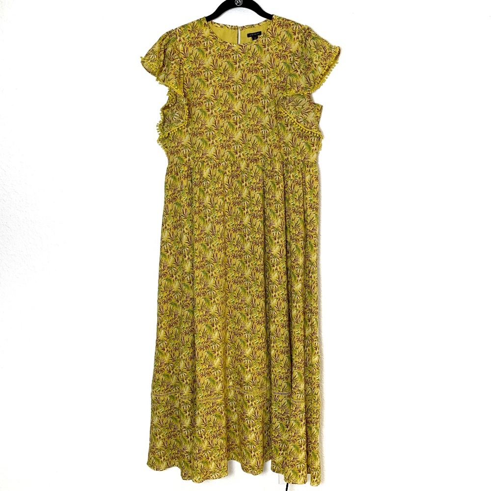 Ann Taylor Maxi Dress Medium Yellow Palm Tree Print Ruffle Sleeve Tropical NWOT - Picture 3 of 16